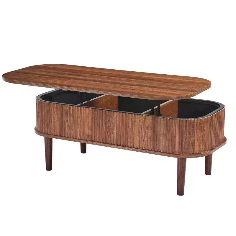 Tavolino da caffè sollevabile da 100 cm, tavolino ovale scanalato con 3 scomparti nascosti, tavolino centrale ovale in legno in stile metà secolo con contenitore