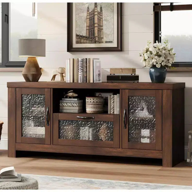 COZONY 55 Mobile Credenza Buffet da Fattoria con Ante in Acrilico, Armadietto Marrone per Caffetteria con Ripiani Regolabili e Spazio di Archiviazione