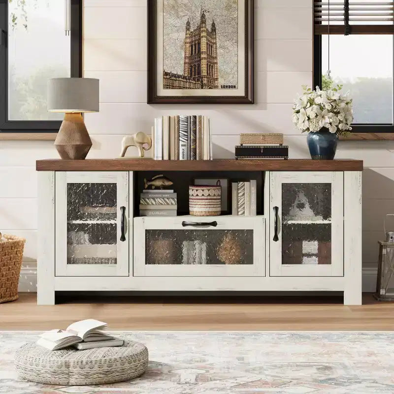 COZONY 55 Mobile Credenza Buffet da Fattoria con Ante in Acrilico, Armadietto Marrone per Caffetteria con Ripiani Regolabili e Spazio di Archiviazione