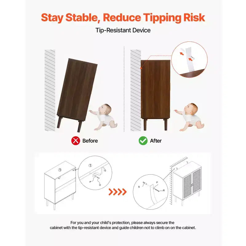 Mobiletto in rattan VEVOR, con 2 ante magnetiche e ripiani regolabili, madia accentata con gambe in legno e foro per cavo di alimentazione, color kaki