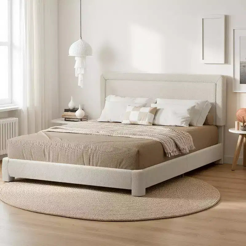 Telaio letto Dyonery Queen-size, telaio letto moderno color crema con testiera regolabile, angoli arrotondati, non è necessario un materasso a molle, facile montaggio.
