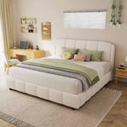 Letto imbottito a piattaforma Queen/King Size con testiera morbida, a forma curva, beige - ModernLuxe