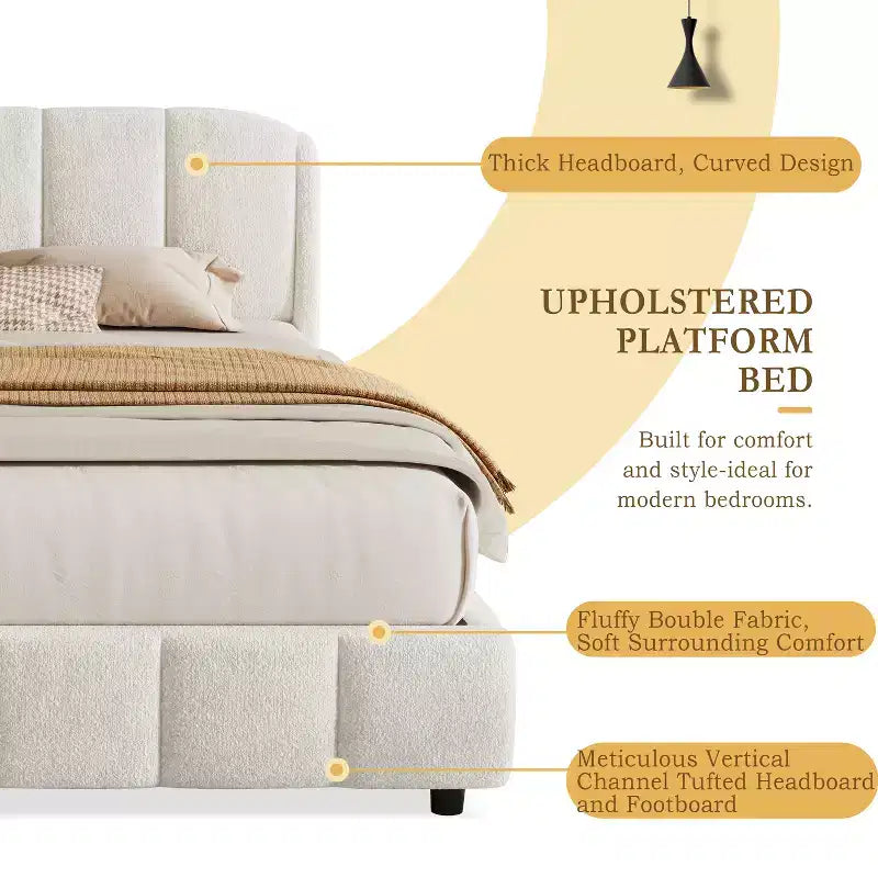 Letto imbottito a piattaforma Queen/King Size con testiera morbida, a forma curva, beige - ModernLuxe