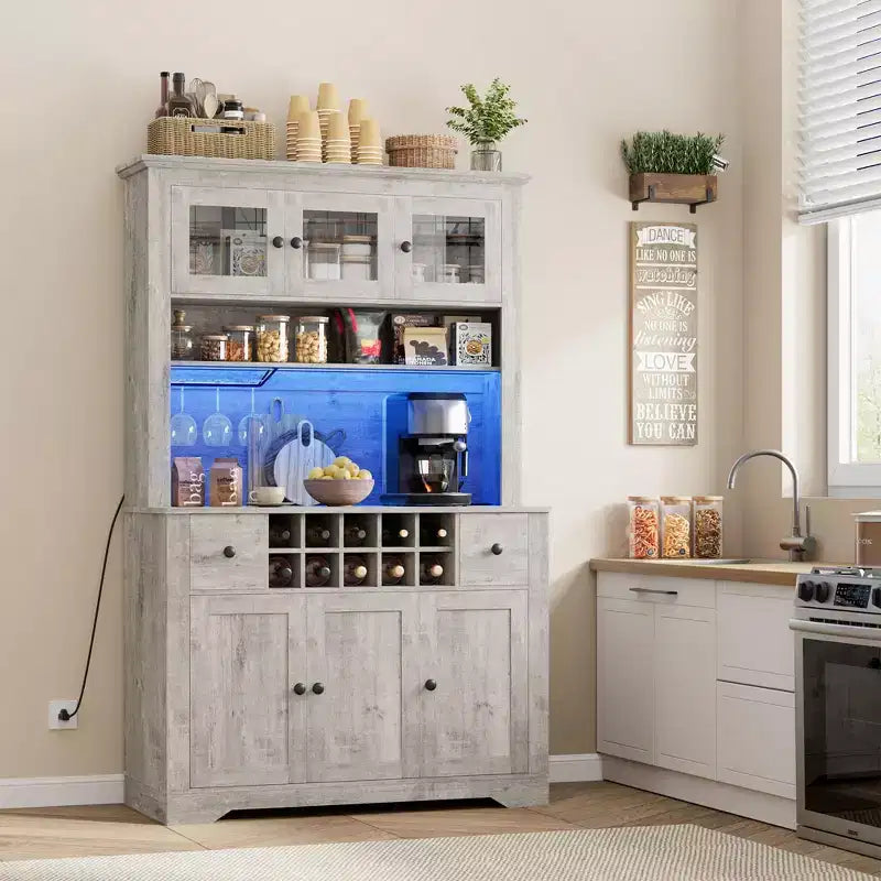 COZONY 68.7 Dispensa da Cucina Coloniale con Ripiano, Cassetti e Ripiani Regolabili, Credenza Alta con Portabottiglie
