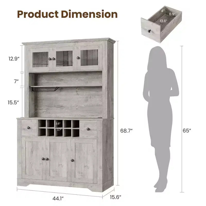 COZONY 68.7 Dispensa da Cucina Coloniale con Ripiano, Cassetti e Ripiani Regolabili, Credenza Alta con Portabottiglie