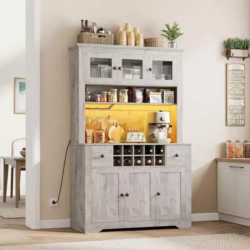 COZONY 68.7 Dispensa da Cucina Coloniale con Ripiano, Cassetti e Ripiani Regolabili, Credenza Alta con Portabottiglie