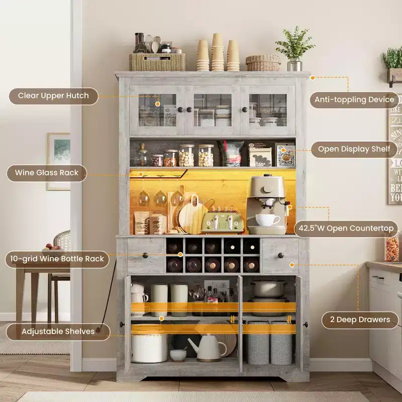 COZONY 68.7 Dispensa da Cucina Coloniale con Ripiano, Cassetti e Ripiani Regolabili, Credenza Alta con Portabottiglie