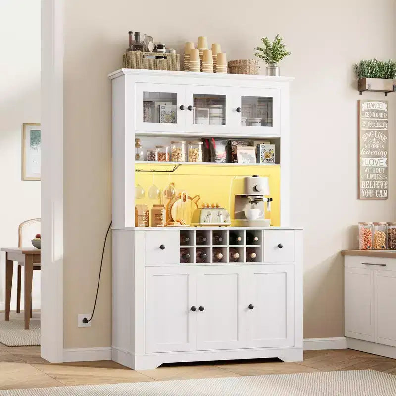 COZONY 68.7 Dispensa da Cucina Coloniale con Ripiano, Cassetti e Ripiani Regolabili, Credenza Alta con Portabottiglie