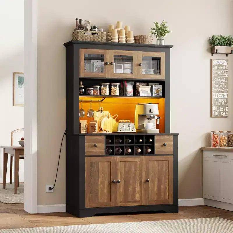 COZONY 68.7 Dispensa da Cucina Coloniale con Ripiano, Cassetti e Ripiani Regolabili, Credenza Alta con Portabottiglie