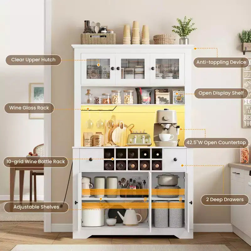 COZONY 68.7 Dispensa da Cucina Coloniale con Ripiano, Cassetti e Ripiani Regolabili, Credenza Alta con Portabottiglie
