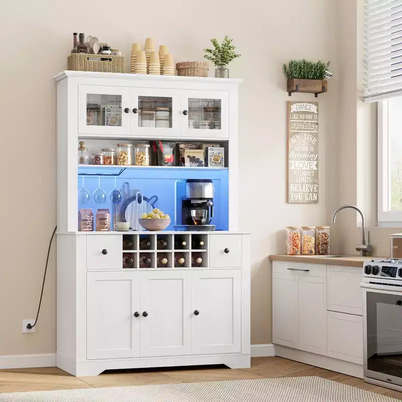 COZONY 68.7 Dispensa da Cucina Coloniale con Ripiano, Cassetti e Ripiani Regolabili, Credenza Alta con Portabottiglie