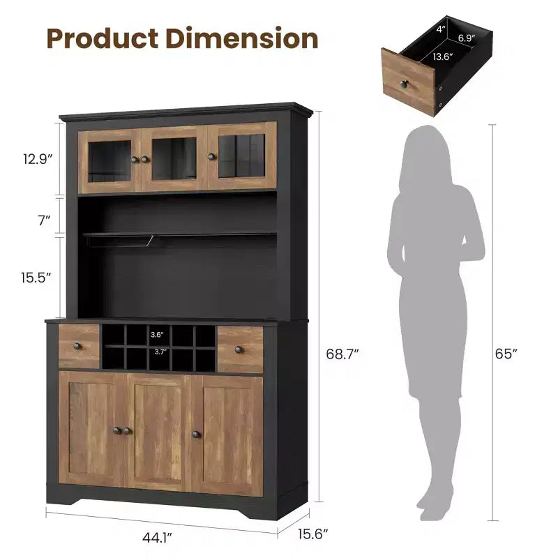 COZONY 68.7 Dispensa da Cucina Coloniale con Ripiano, Cassetti e Ripiani Regolabili, Credenza Alta con Portabottiglie
