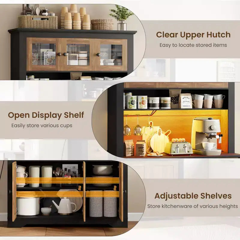 COZONY 68.7 Dispensa da Cucina Coloniale con Ripiano, Cassetti e Ripiani Regolabili, Credenza Alta con Portabottiglie