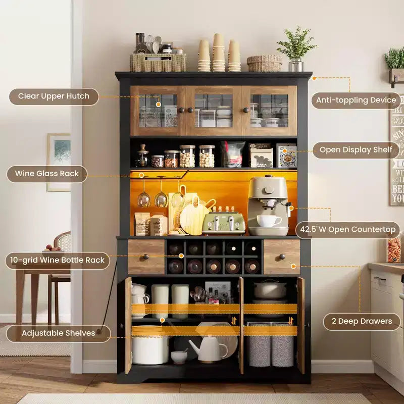 COZONY 68.7 Dispensa da Cucina Coloniale con Ripiano, Cassetti e Ripiani Regolabili, Credenza Alta con Portabottiglie