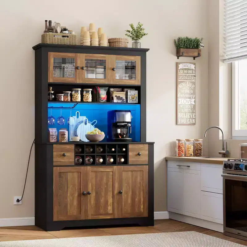 COZONY 68.7 Dispensa da Cucina Coloniale con Ripiano, Cassetti e Ripiani Regolabili, Credenza Alta con Portabottiglie