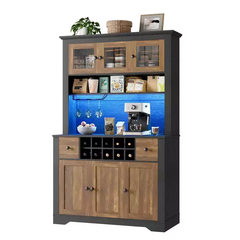 COZONY 68.7 Dispensa da Cucina Coloniale con Ripiano, Cassetti e Ripiani Regolabili, Credenza Alta con Portabottiglie