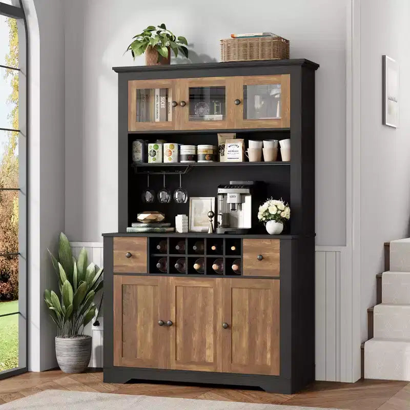 COZONY 68.7 Farmhouse Kitchen Pantry Cabinet with Countertop, Drawers & Adjustable Shelves, Tall Storage Hutch with Bottle Rack