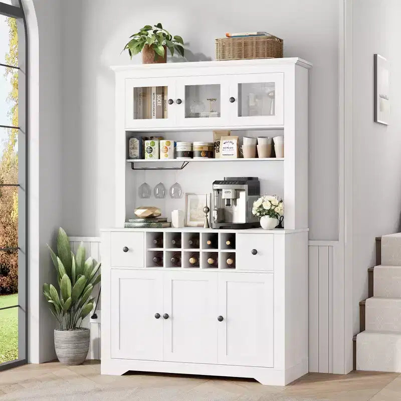 COZONY 68.7 Dispensa da Cucina Coloniale con Ripiano, Cassetti e Ripiani Regolabili, Credenza Alta con Portabottiglie