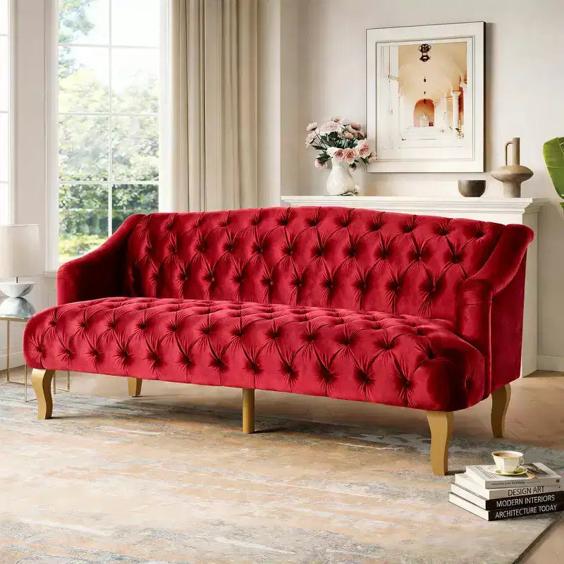 Divano Whisen in velluto stile Mid-Century Modern a 3 posti con bottoni trapuntati e gambe curve in legno