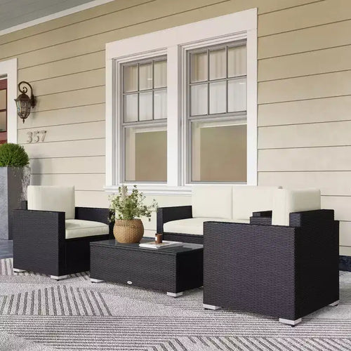 Ensemble de canapés en rotin 4 pièces, ensemble de canapés de patio en osier avec causeuse, chaises et table basse en verre pour jardin extérieur