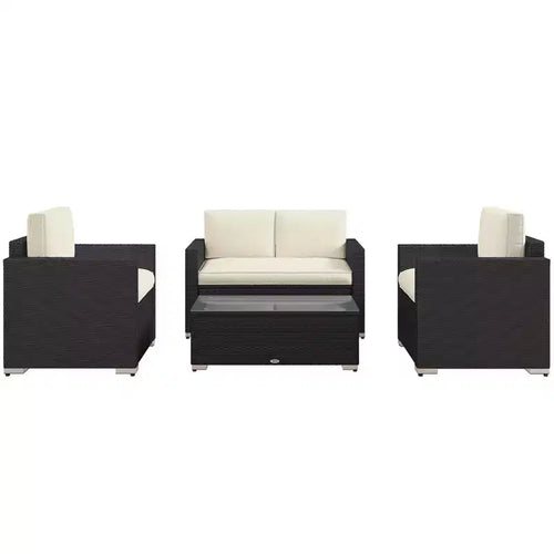 4 Pieces Rattan Sofa Set Wicker Patio Sofa Set with Loveseat Chairs Glass Top Coffee Table for Garden Outdoor