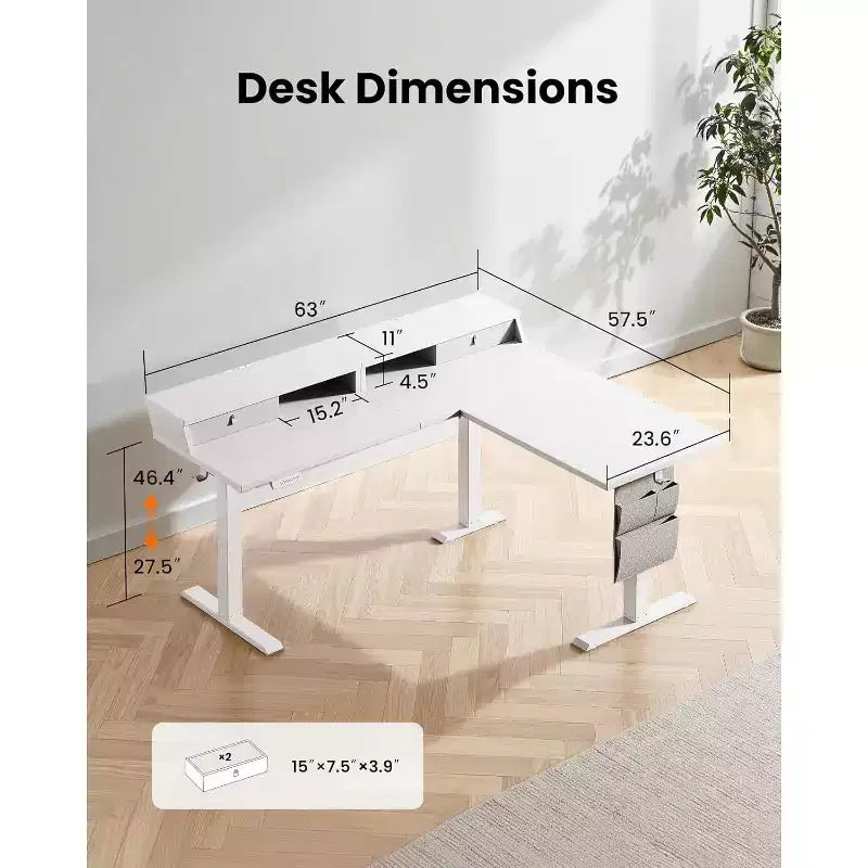 Scrivania Elettrica Angolare a L, 63" Scrivania Ergonomica Regolabile in Altezza con Cassetti, Tavolo Computer Sit-Stand con Spazio di Archiviazione per Lavoro Ufficio Casa