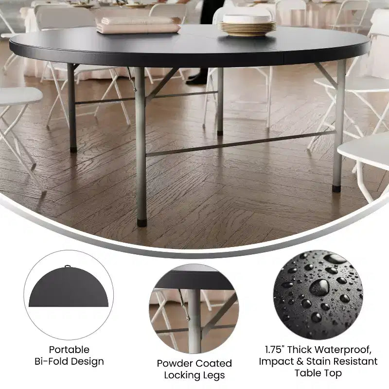 Tavolo pieghevole rotondo in plastica bi-fold Flash Furniture da 5,89 piedi per banchetti ed eventi con maniglia per il trasporto