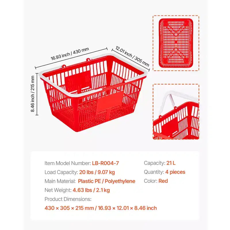 Cestini per la Spesa VEVOR, 4 PEZZI, 21L, Impilabili, in Plastica PE, con Manici, Struttura a Rete Densa, Capacità fino a 9 kg, Rossi