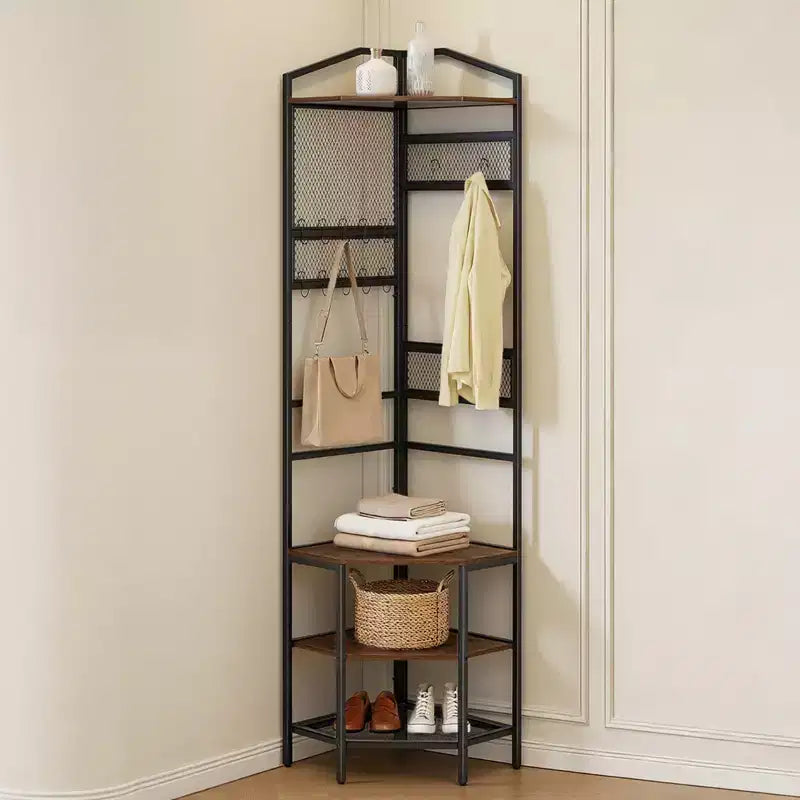 VEVOR Albero Appendiabiti ad Angolo, Appendiabiti da 181 cm con Ganci, Ripiano Superiore e Struttura in Acciaio, Organizzatore Porta Scarpe e Vestiti Autoportante, Nero+Marrone