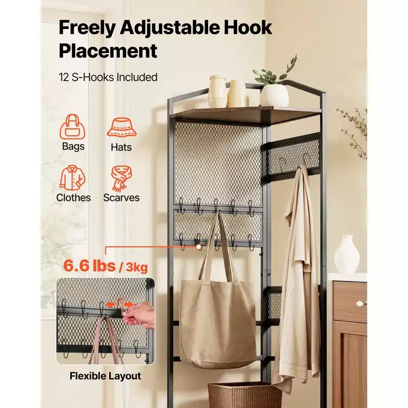 VEVOR Albero Appendiabiti ad Angolo, Appendiabiti da 181 cm con Ganci, Ripiano Superiore e Struttura in Acciaio, Organizzatore Porta Scarpe e Vestiti Autoportante, Nero+Marrone