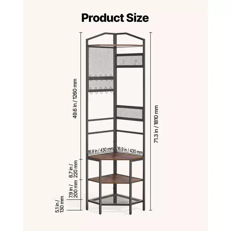 VEVOR Albero Appendiabiti ad Angolo, Appendiabiti da 181 cm con Ganci, Ripiano Superiore e Struttura in Acciaio, Organizzatore Porta Scarpe e Vestiti Autoportante, Nero+Marrone