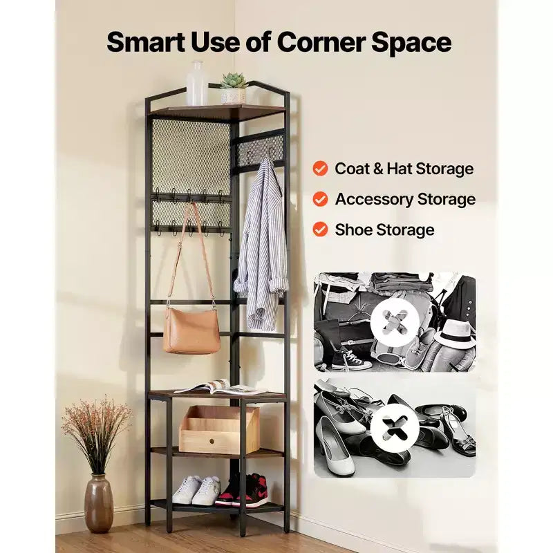VEVOR Albero Appendiabiti ad Angolo, Appendiabiti da 181 cm con Ganci, Ripiano Superiore e Struttura in Acciaio, Organizzatore Porta Scarpe e Vestiti Autoportante, Nero+Marrone