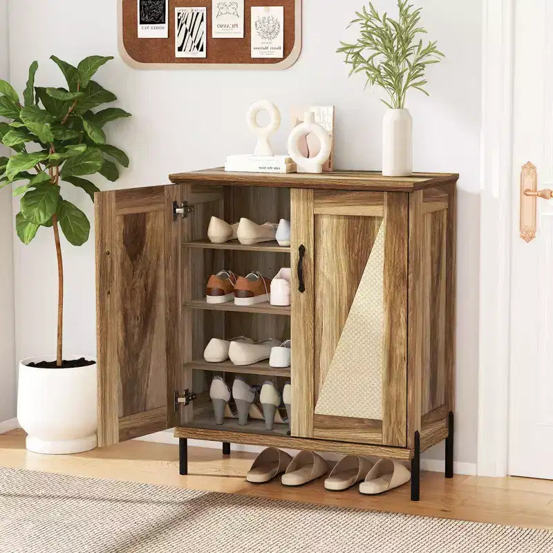 Costway Scarpiera a 5 livelli in stile rustico con ante in rattan intrecciato, ripiani rimovibili per armadio