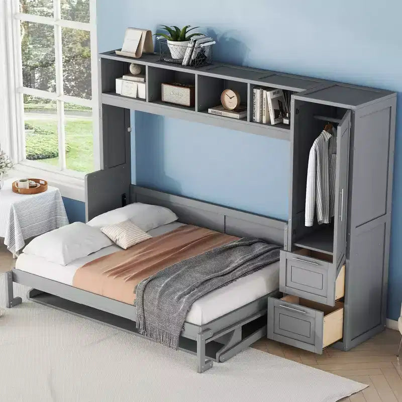 GDFStudio Evans Letto a scomparsa matrimoniale con armadio e cassetti, Queen Size
