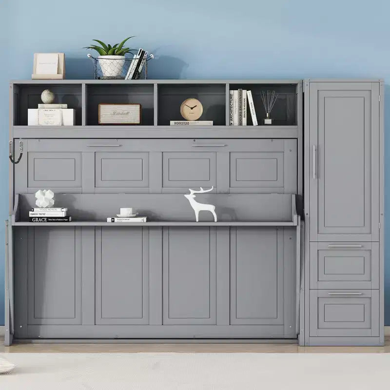 GDFStudio Evans Murphy Bed Wall Bed with Closet and Drawers, Queen Size