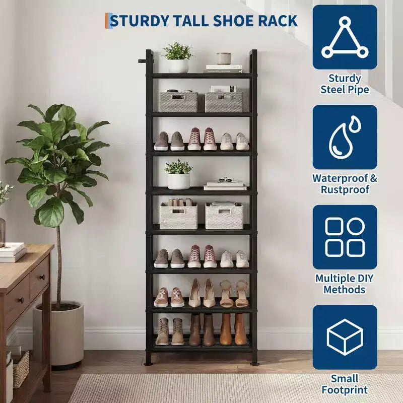 Scarpiera stretta a 8 livelli, Organizer alto in metallo per 18-24 paia di scarpe, Porta scarpe verticale sottile per armadio, ingresso, piccoli spazi, Nero