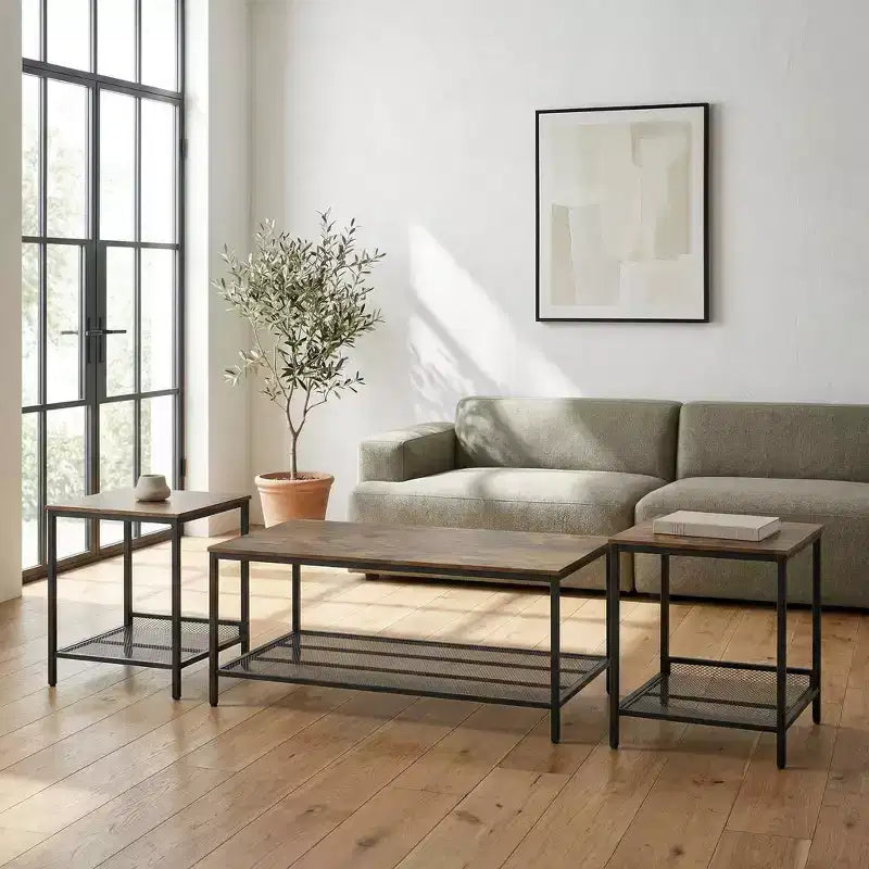 FurnitureR Set di 3 Tavolini Industriali con Ripiano Contenitore, Set Tavolini Rustici per Soggiorno, Include 1 Tavolino da Caffè e 2 Tavolini Laterali per Divano
