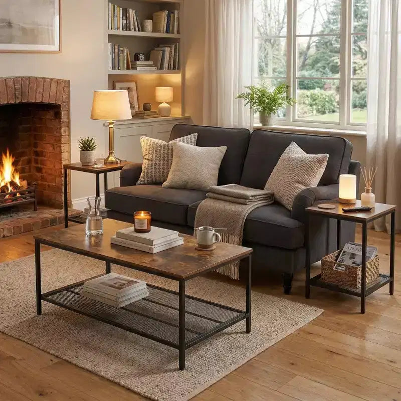 FurnitureR Set di 3 Tavolini Industriali con Ripiano Contenitore, Set Tavolini Rustici per Soggiorno, Include 1 Tavolino da Caffè e 2 Tavolini Laterali per Divano