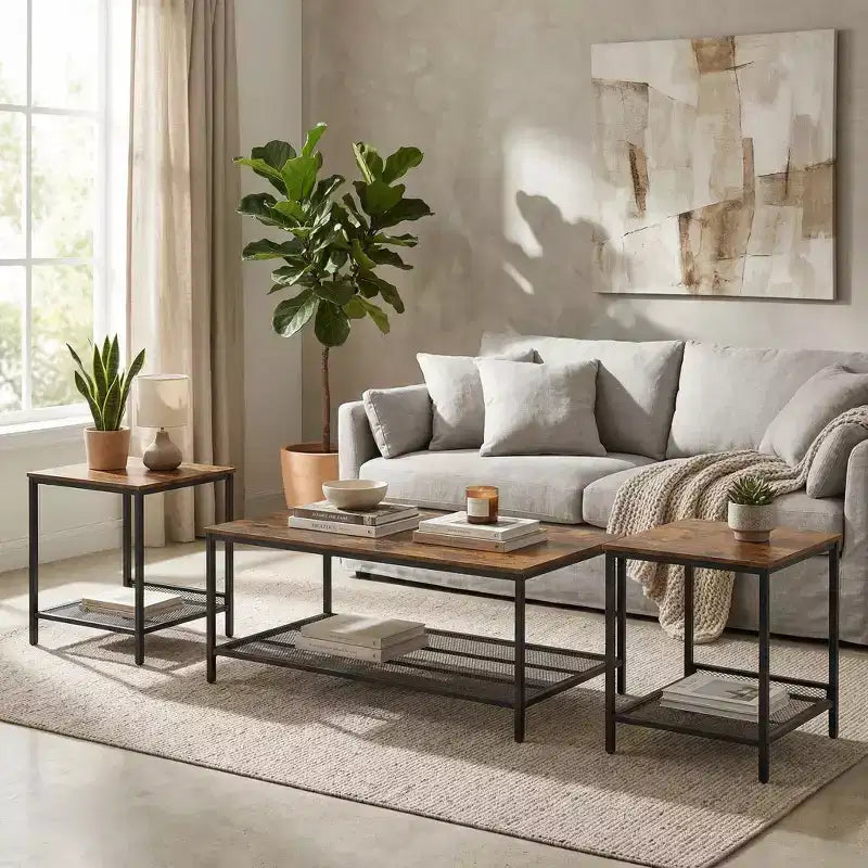 FurnitureR Set di 3 Tavolini Industriali con Ripiano Contenitore, Set Tavolini Rustici per Soggiorno, Include 1 Tavolino da Caffè e 2 Tavolini Laterali per Divano
