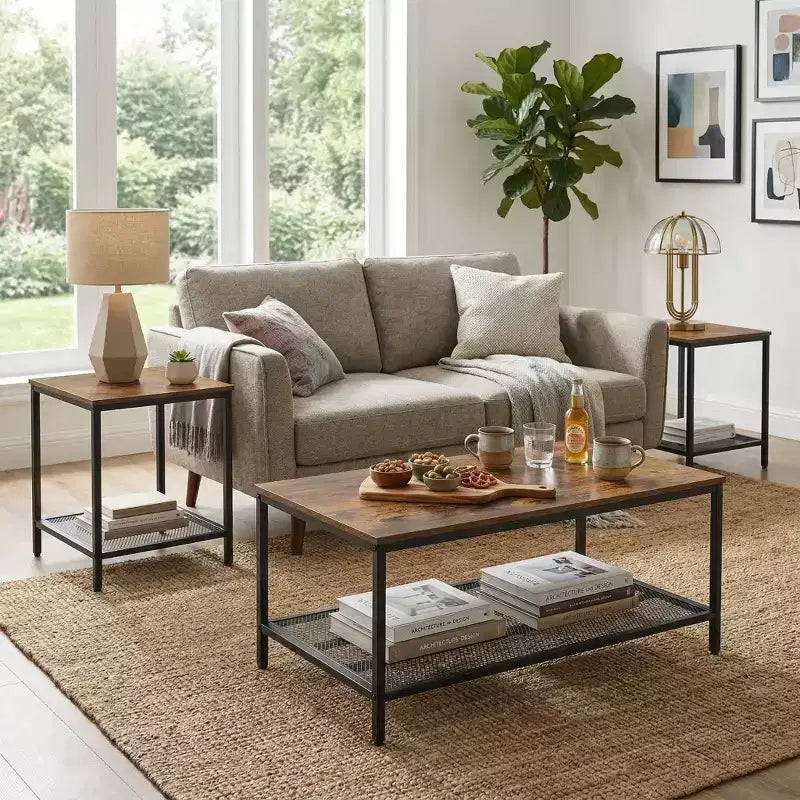 FurnitureR Set di 3 Tavolini Industriali con Ripiano Contenitore, Set Tavolini Rustici per Soggiorno, Include 1 Tavolino da Caffè e 2 Tavolini Laterali per Divano