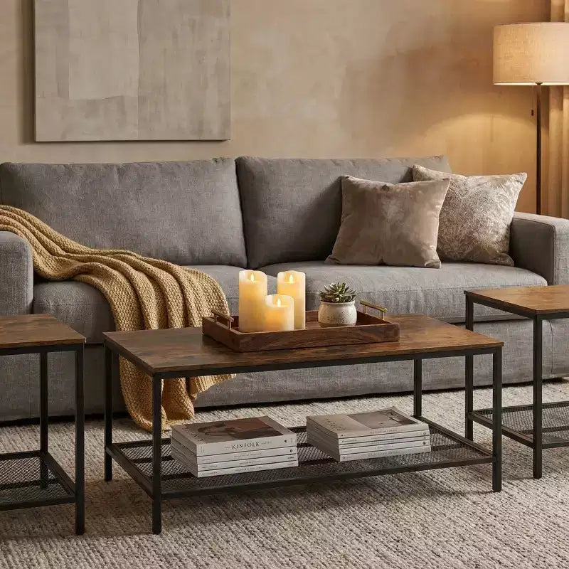 FurnitureR Set di 3 Tavolini Industriali con Ripiano Contenitore, Set Tavolini Rustici per Soggiorno, Include 1 Tavolino da Caffè e 2 Tavolini Laterali per Divano