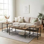 FurnitureR Set di 3 Tavolini Industriali con Ripiano Contenitore, Set Tavolini Rustici per Soggiorno, Include 1 Tavolino da Caffè e 2 Tavolini Laterali per Divano