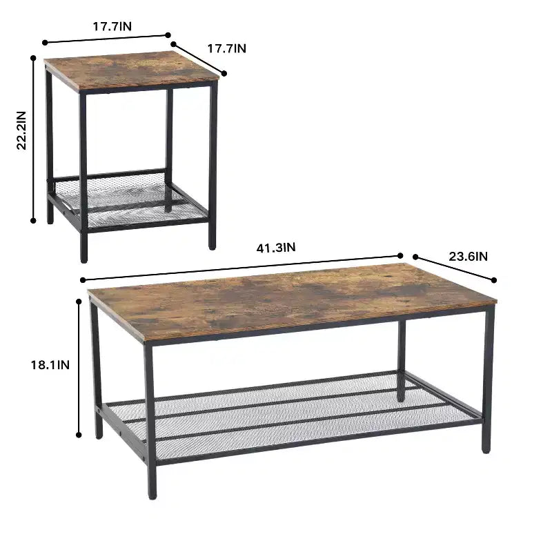 FurnitureR Set di 3 Tavolini Industriali con Ripiano Contenitore, Set Tavolini Rustici per Soggiorno, Include 1 Tavolino da Caffè e 2 Tavolini Laterali per Divano
