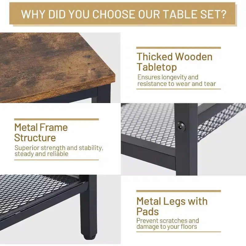 FurnitureR Set di 3 Tavolini Industriali con Ripiano Contenitore, Set Tavolini Rustici per Soggiorno, Include 1 Tavolino da Caffè e 2 Tavolini Laterali per Divano