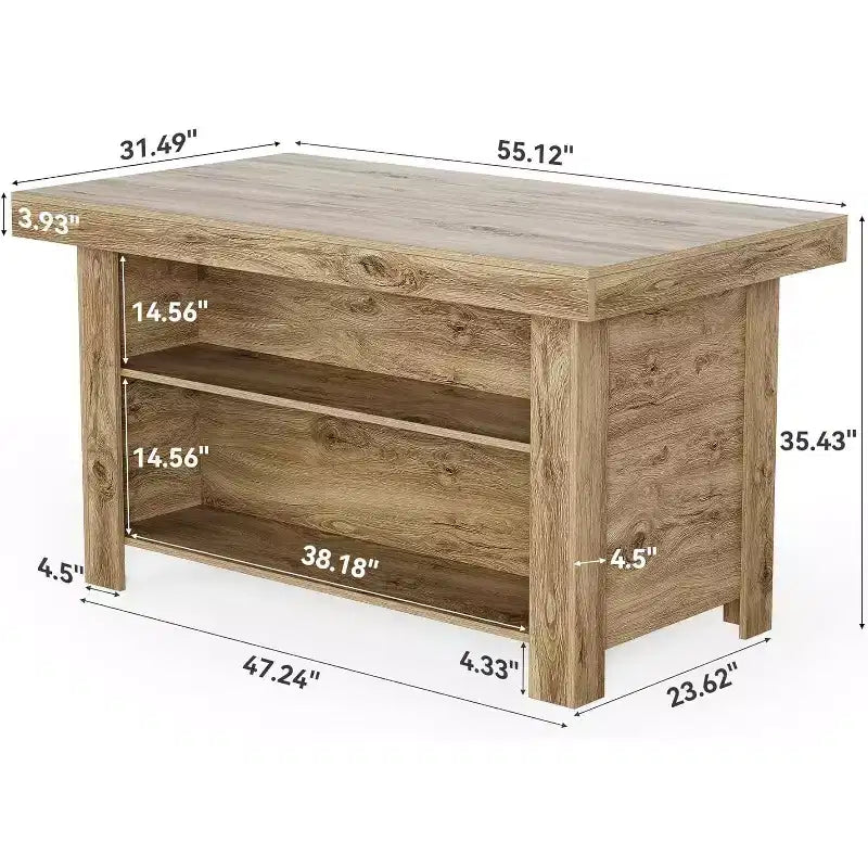 Lantine Isola Cucina con Contenitore, 55 Pollici, Tavolo da Isola Fisso a 3 Livelli in Legno, Tavolo da Bar Moderno con Scaffale di Stoccaggio per Cucina, Marrone Rustico