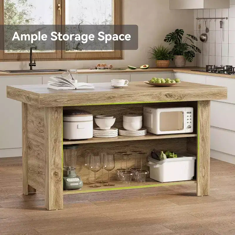 Lantine Isola Cucina con Contenitore, 55 Pollici, Tavolo da Isola Fisso a 3 Livelli in Legno, Tavolo da Bar Moderno con Scaffale di Stoccaggio per Cucina, Marrone Rustico