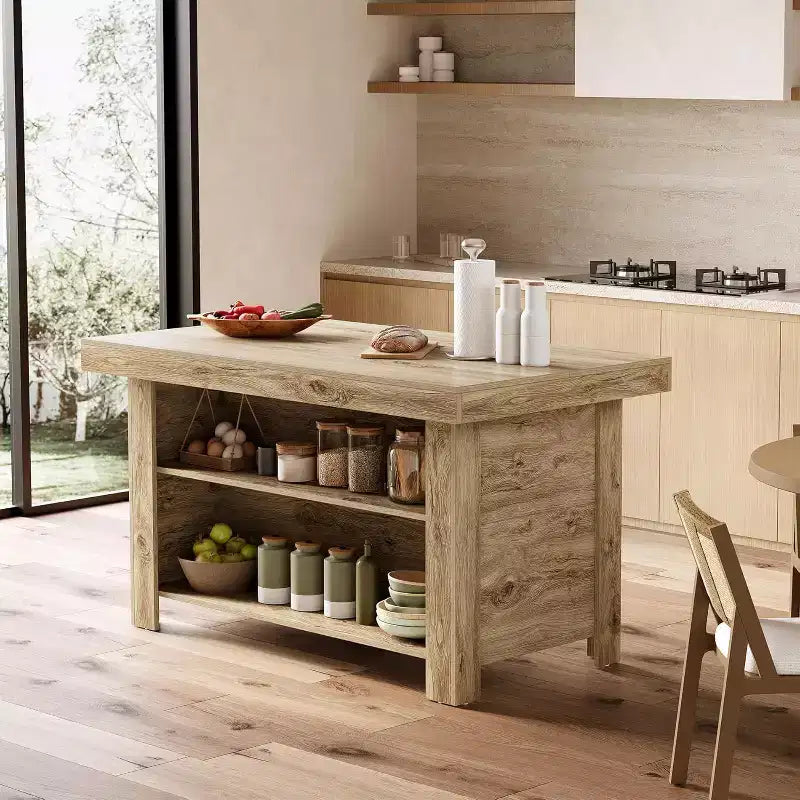 Lantine Isola Cucina con Contenitore, 55 Pollici, Tavolo da Isola Fisso a 3 Livelli in Legno, Tavolo da Bar Moderno con Scaffale di Stoccaggio per Cucina, Marrone Rustico