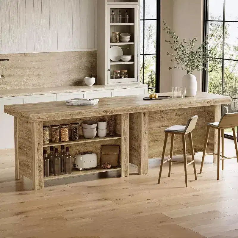 Lantine Isola Cucina con Contenitore, 55 Pollici, Tavolo da Isola Fisso a 3 Livelli in Legno, Tavolo da Bar Moderno con Scaffale di Stoccaggio per Cucina, Marrone Rustico