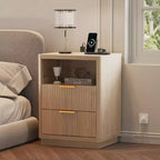 Comodino scanalato con 2 cassetti, tavolino da notte moderno di metà secolo con bordi curvi, tavolino in legno per camera da letto e soggiorno, colore legno naturale
