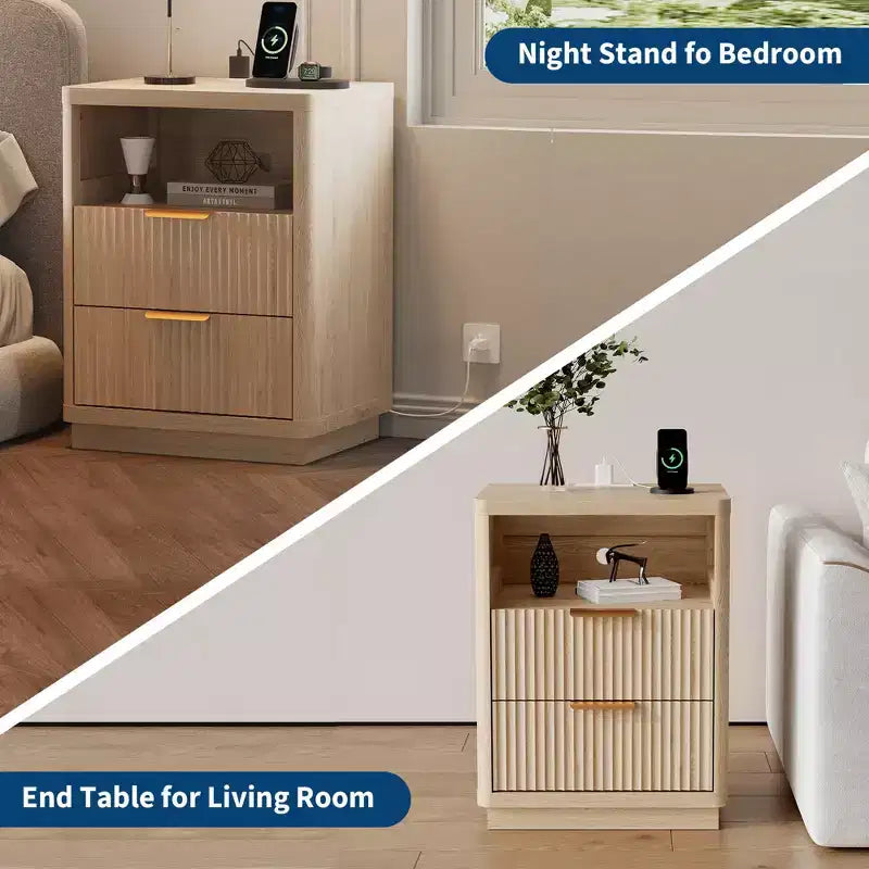 Comodino scanalato con 2 cassetti, tavolino da notte moderno di metà secolo con bordi curvi, tavolino in legno per camera da letto e soggiorno, colore legno naturale